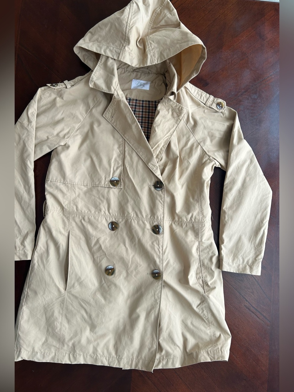 Zara Hooded Double-Breasted Trench Coat in Beige girl size 13-14